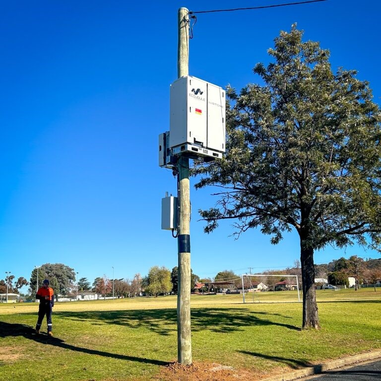 A wooden power pole on the edge of park with a Battery Energy Storage System attached near the top of the pole.